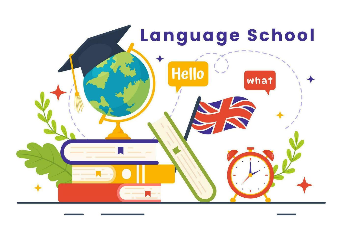 Langue école vecteur illustration de en ligne apprentissage, cours, formation programme et étude étranger Bonjour langues à l'étranger dans plat Contexte