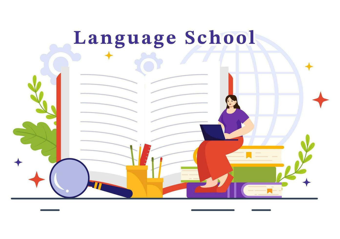 Langue école vecteur illustration de en ligne apprentissage, cours, formation programme et étude étranger Bonjour langues à l'étranger dans plat Contexte