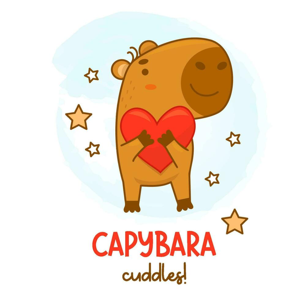 cool carte avec mignonne capybara étreindre cœur. vecteur illustration. marrant animal personnage rongeur pour cartes, conception, imprimer, romantique Valentin, des gamins collection.