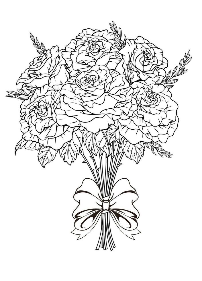 Rose fleur bouquet lineart main tiré vecteur