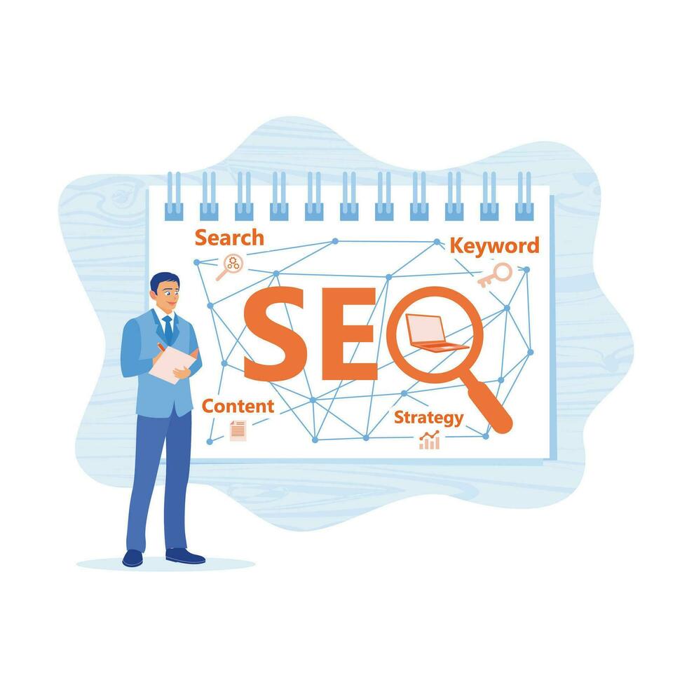 mature homme d'affaire travail dans le moderne Bureau fabrication seo schémas dans une carnet. entrepreneurs développer affaires des idées via le l'Internet. seo concept. tendance moderne vecteur plat illustration