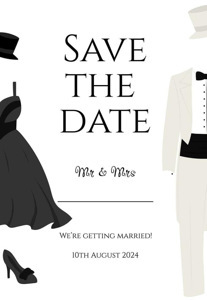mariage invitation avec mariage robe, et des chaussures et queue de pie avec chapeau sur blanc Contexte vecteur