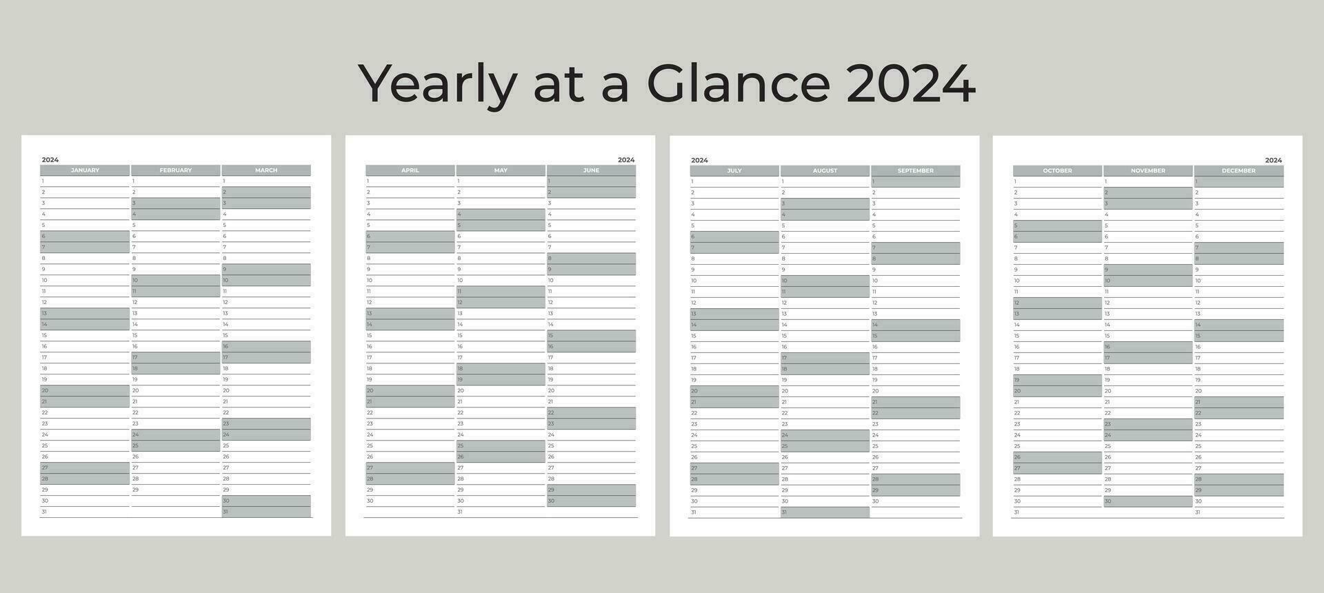 annuel à une coup d'oeil 2024, calendrier planificateur vecteur