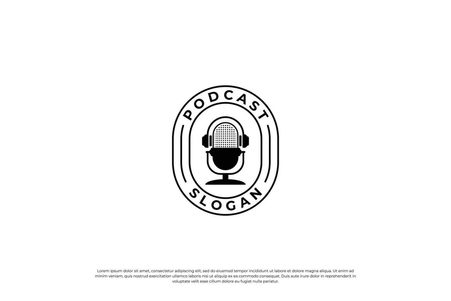 Podcast emblèmes. radio logo, diffuser et studio badges avec ancien micros. vecteur