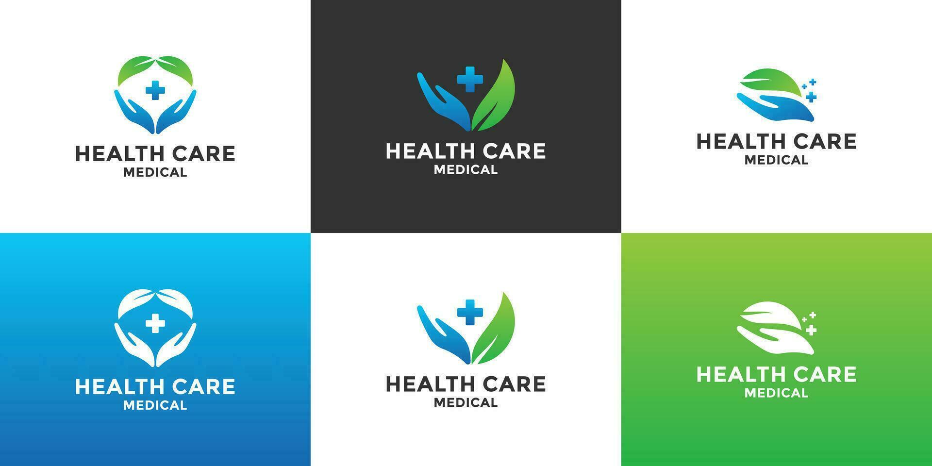 ensemble de santé se soucier logo conception. médical clinique logo. Humain main combiner avec feuille. vecteur