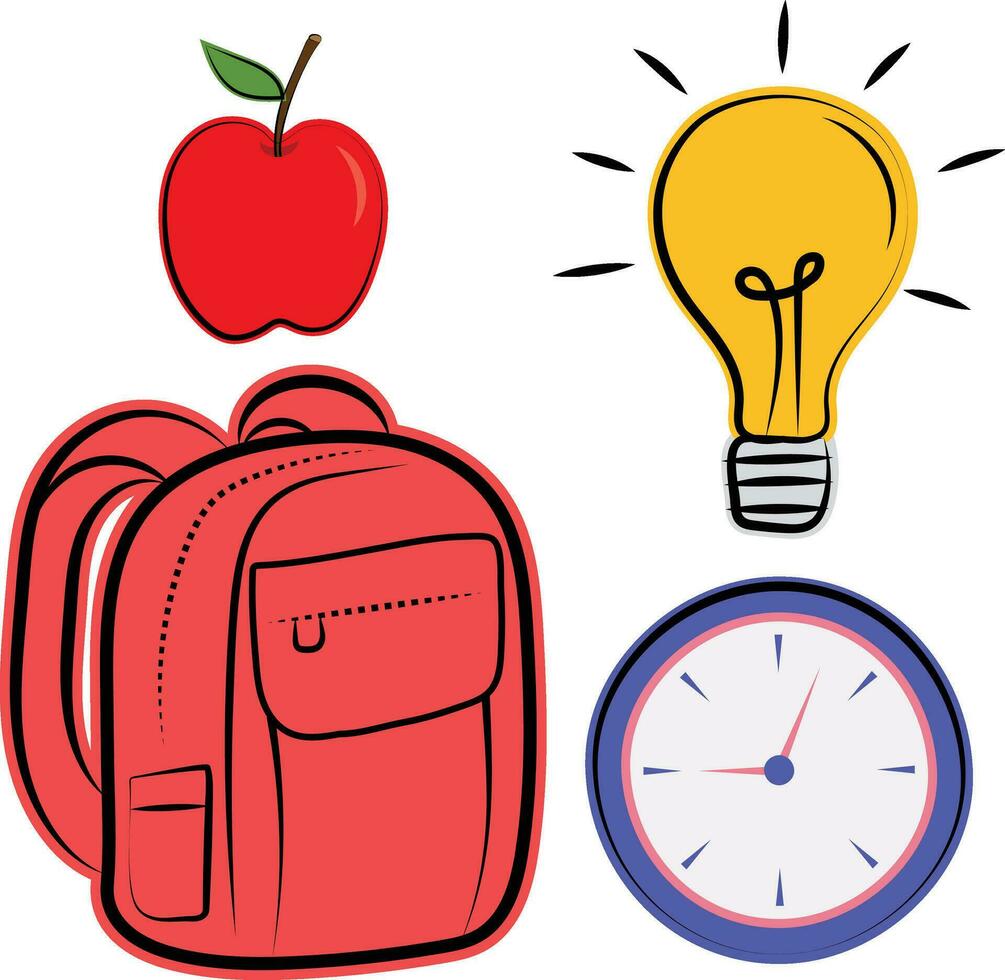 dessin animé sac, pomme, l'horloge et idée lumière ampoule main tiré retour à école Icônes vecteur