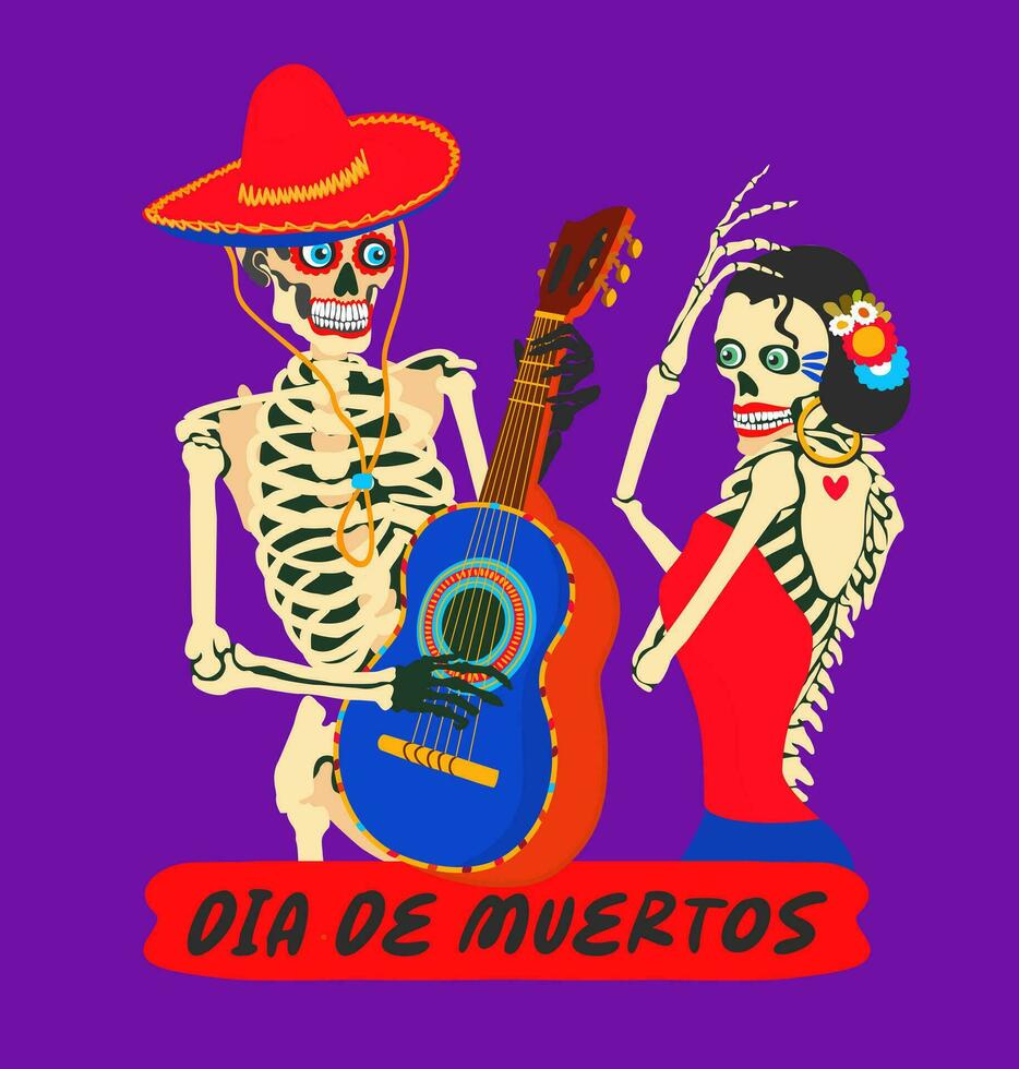 dia de morts. mexicain journée de le mort. novembre 2. vecteur fête concept avec caractères. deux squelettes dansant et en jouant guitare