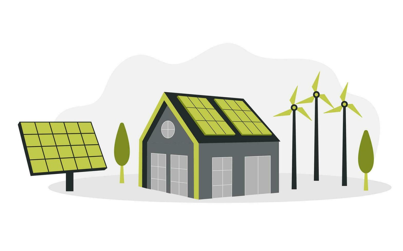 vert énergie. intelligent grille. renouvelable. maison avec Moulins à vent et solaire énergie panneaux. vecteur