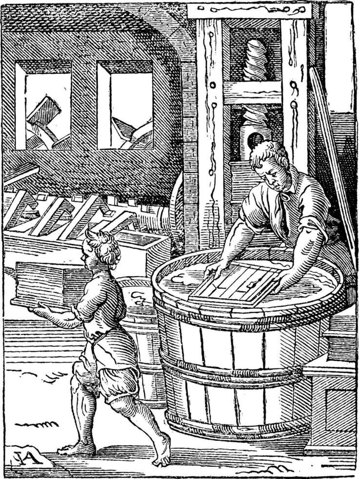 un gravure de une homme et femme travail dans une baril vecteur