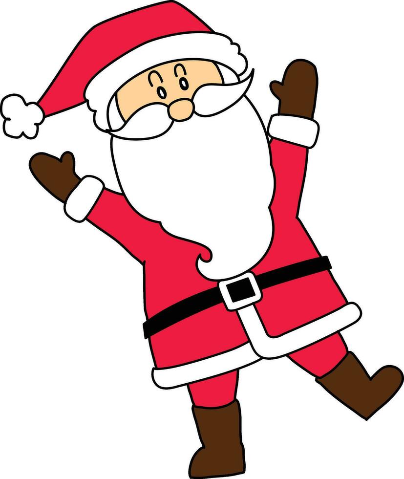 Père Noël claus est content, saut, dansant. Père Noël claus est en haut le sien mains et jambes. une main tiré dessin animé amusement et excitation. dans le Noël esprit, Père Noël claus est tenue mignonne rouge chapeau vecteur