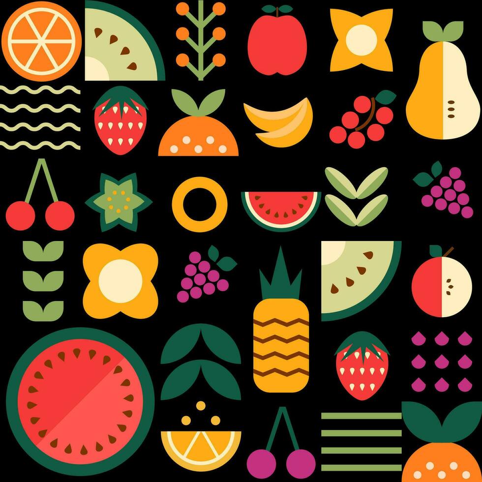 géométrique été fruit sans couture modèle. mosaïque abstrait baies et feuille répéter Contexte. minimal Frais des fruits formes sur noir. mignonne nourriture vecteur fond d'écran, paquet conception, emballage, imprimer, textile.