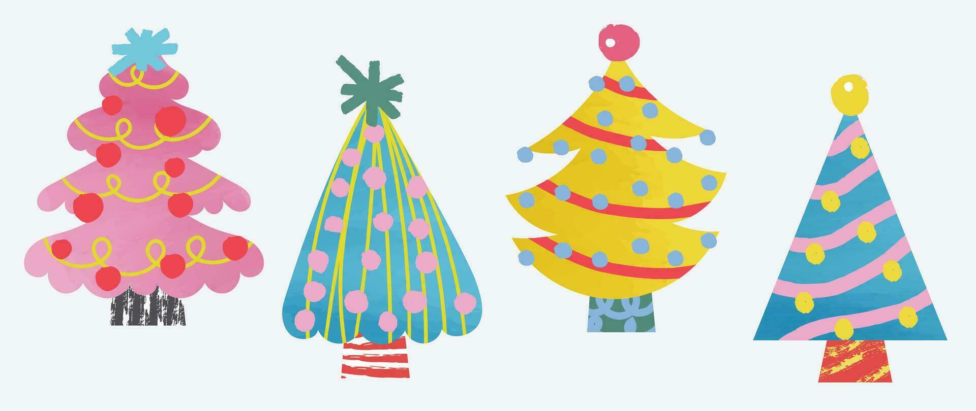 ensemble de aquarelle décoratif Noël arbre vecteur illustration. éléments de ornemental des balles, décoratif lumière, étoile. conception pour carte, bande dessinée, imprimer, affiche, bannière, décoration.