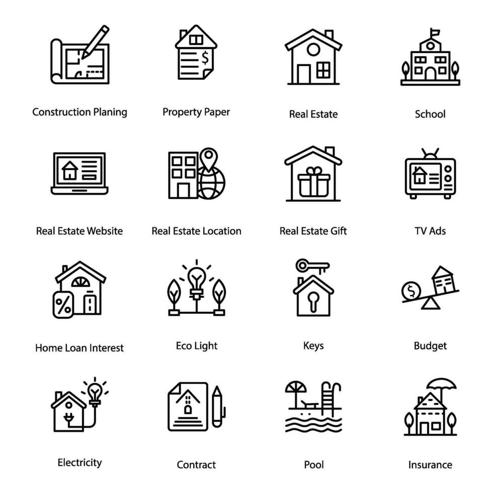 réel biens et propriété ligne Icônes pack vecteur