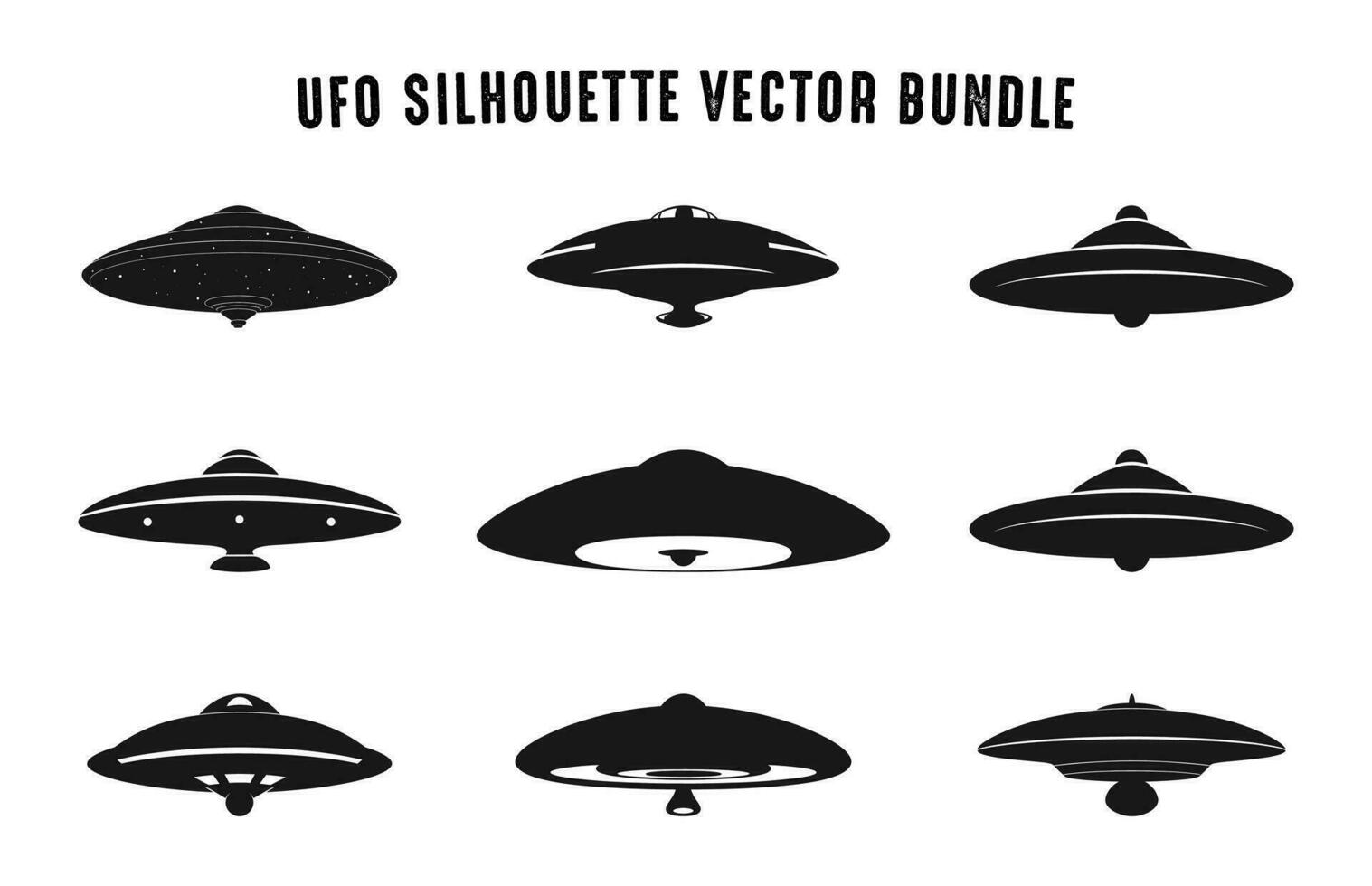 OVNI silhouette noir vecteur ensemble, en volant soucoupe silhouettes empaqueter, vaisseau spatial OVNI icône collection