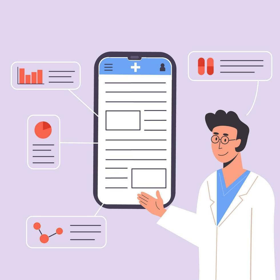 téléphone intelligent écran avec Masculin médecin donne en ligne diagnostic. un app avec médecin consultation ou conseil. médical scientifique pourparlers à propos pilules et médicament. demander médecin. vecteur illustration.