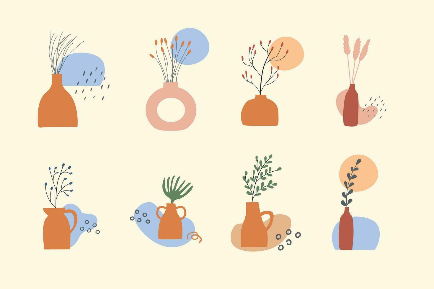 ensemble de argile des vases avec mis en pot sec végétaux, feuilles, branches avec baies et abstrait géométrique forme. l'automne ambiance branché boho conception éléments. tomber saison biologique minimal mur art. vecteur illustration