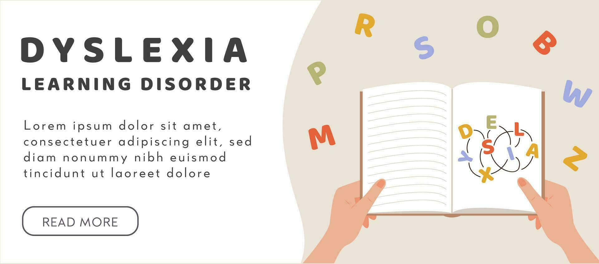 dyslexie concept. une la personne mains en portant une livre. échouer à lire. apprentissage invalidité. confus, emmêlé mots et des lettres. vecteur illustration dans plat style.