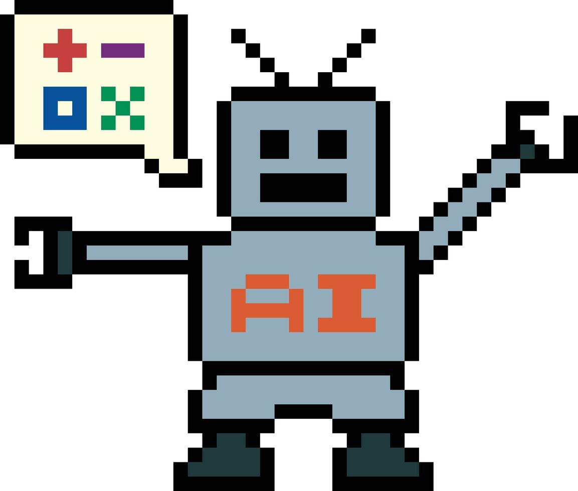 mignonne pixel dessin animé 8 bits personnage robot ou ai à apprendre ou apprentissage compétence parler avec bavarder boîte pour éducation calculer bot vecteur technologie.