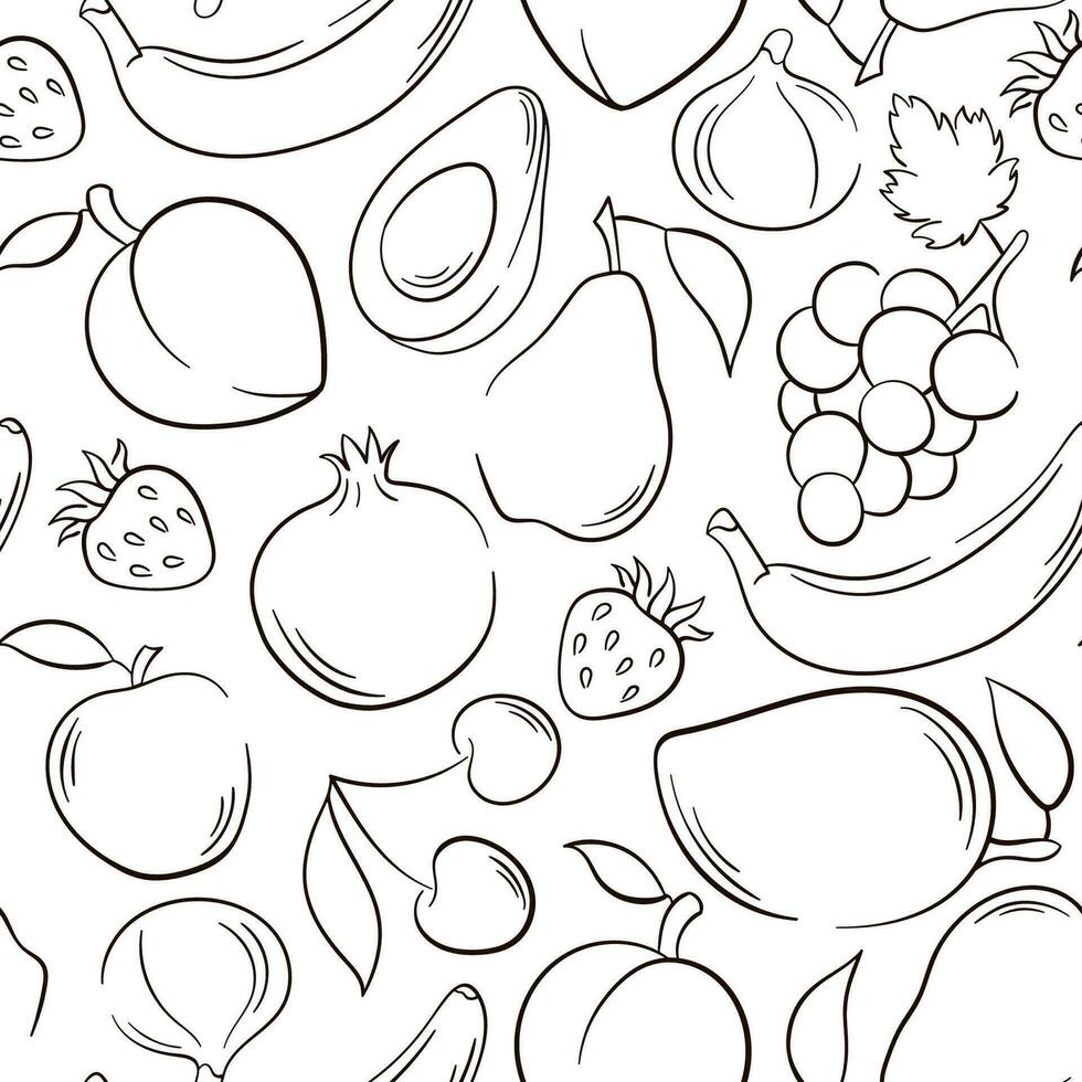 des fruits contour ligne style modèle. été fruit mélanger sans couture modèle. ligne dessin. fraise, Grenade, mangue, poire, pêche. griffonnage style. vecteur