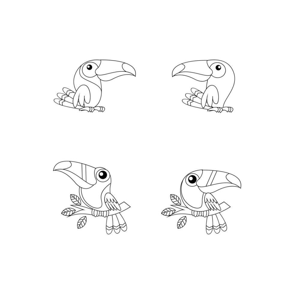 toucan oiseau dessin ligne mignonne noir blanc illustration ensemble collection vecteur
