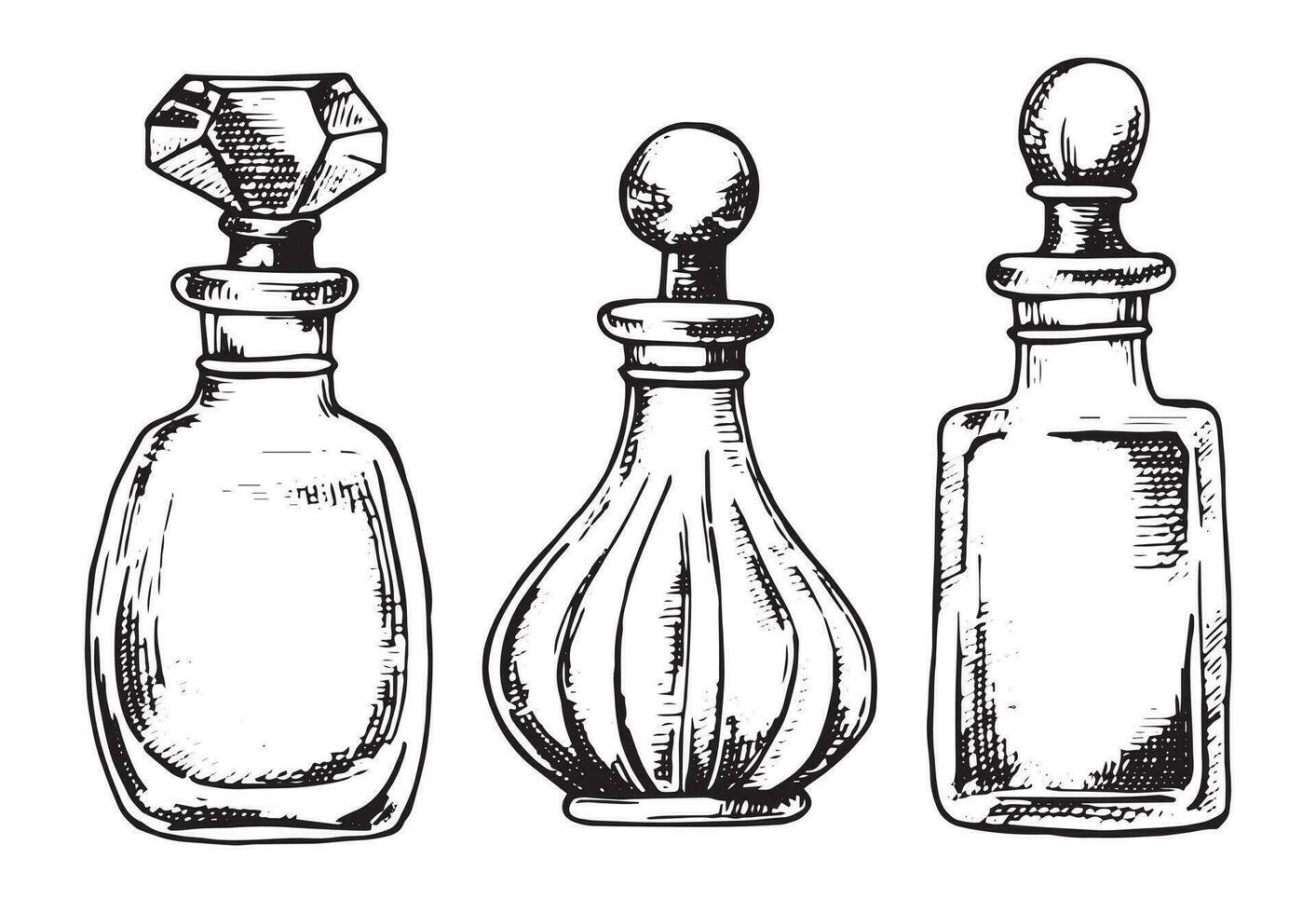 ensemble de bouteilles avec parfum, vecteur dessin dans esquisser style. ancien bouteilles