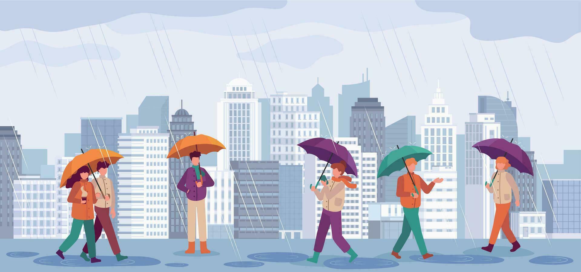 gens l'automne pluie. Hommes et femmes marcher ou permanent dans pluie avec parapluies dans ville paysages, pluvieux journée tomber saison vecteur concept