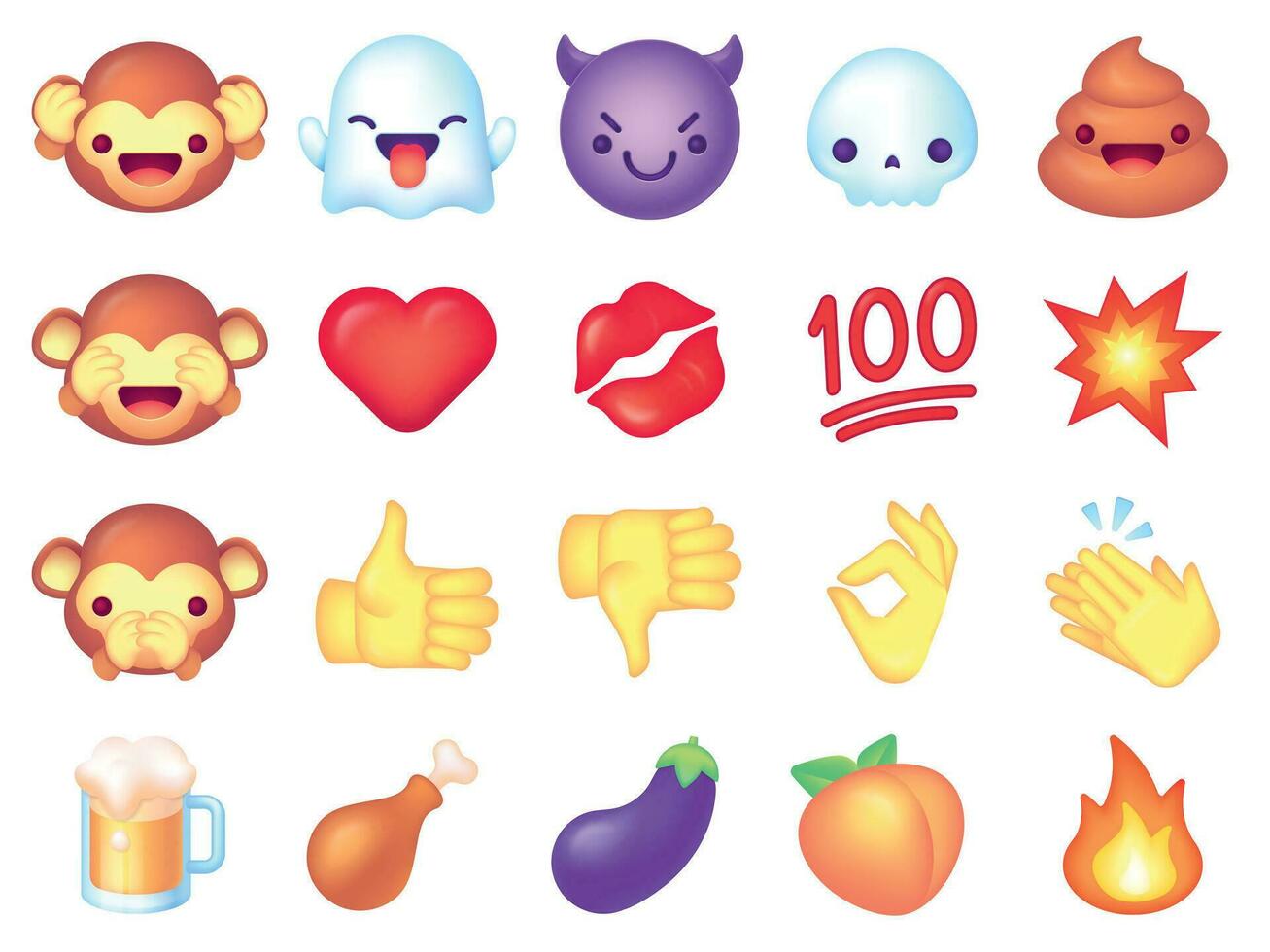 emoji Icônes. mignonne souriant, émoticônes content et en colère affronter, bande dessinée merde. aubergine, singe collection, main et baiser lèvres social bavarder vecteur ensemble