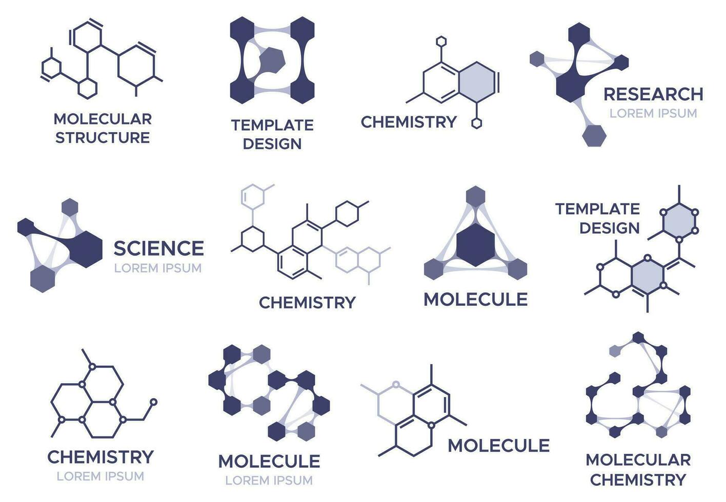 molécule badge. bio moléculaire hexagonal structure, macro molécules et chimique laboratoire recherche signe vecteur illustration ensemble.