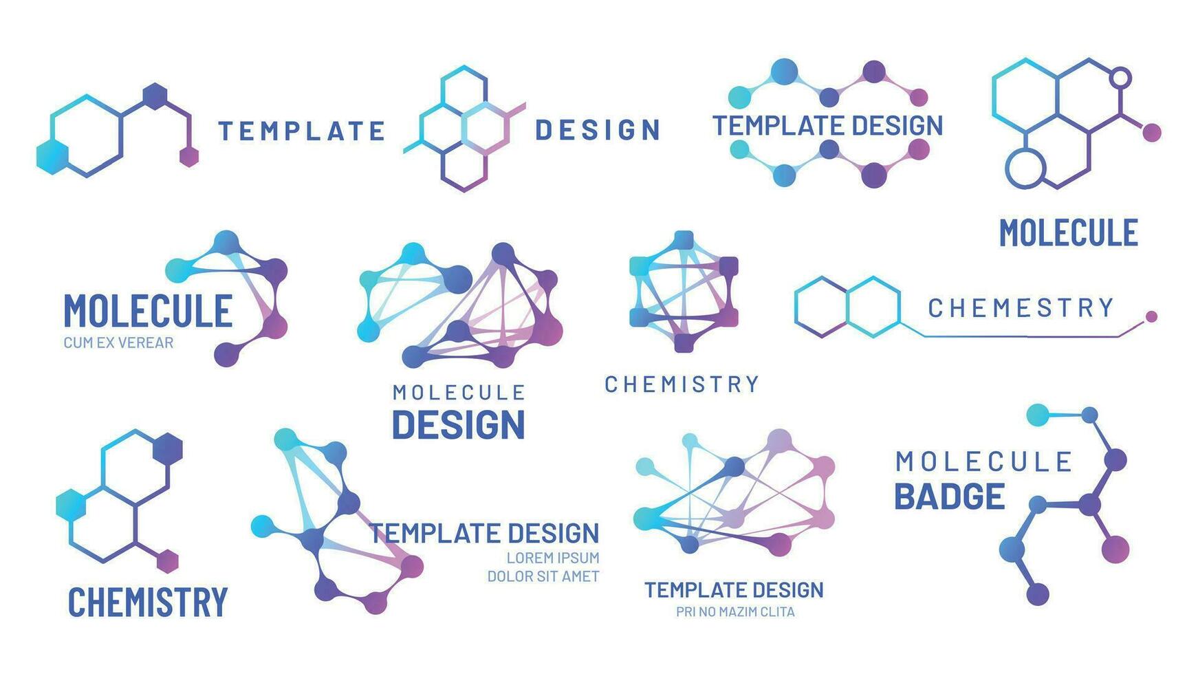 molécule logos. chimie et science logotype avec hexagonal structure et moléculaire grilles modèles vecteur