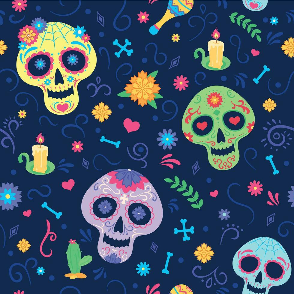 dia de los muertos modèle. mort journée vacances symboles, crânes et fleurs, bougie et maracas. mexicain fête coloré sans couture vecteur texture