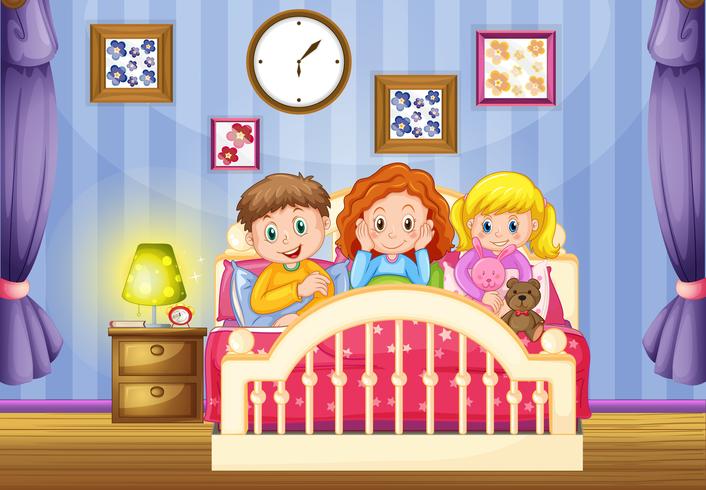 Trois enfants dans un lit rose la nuit vecteur