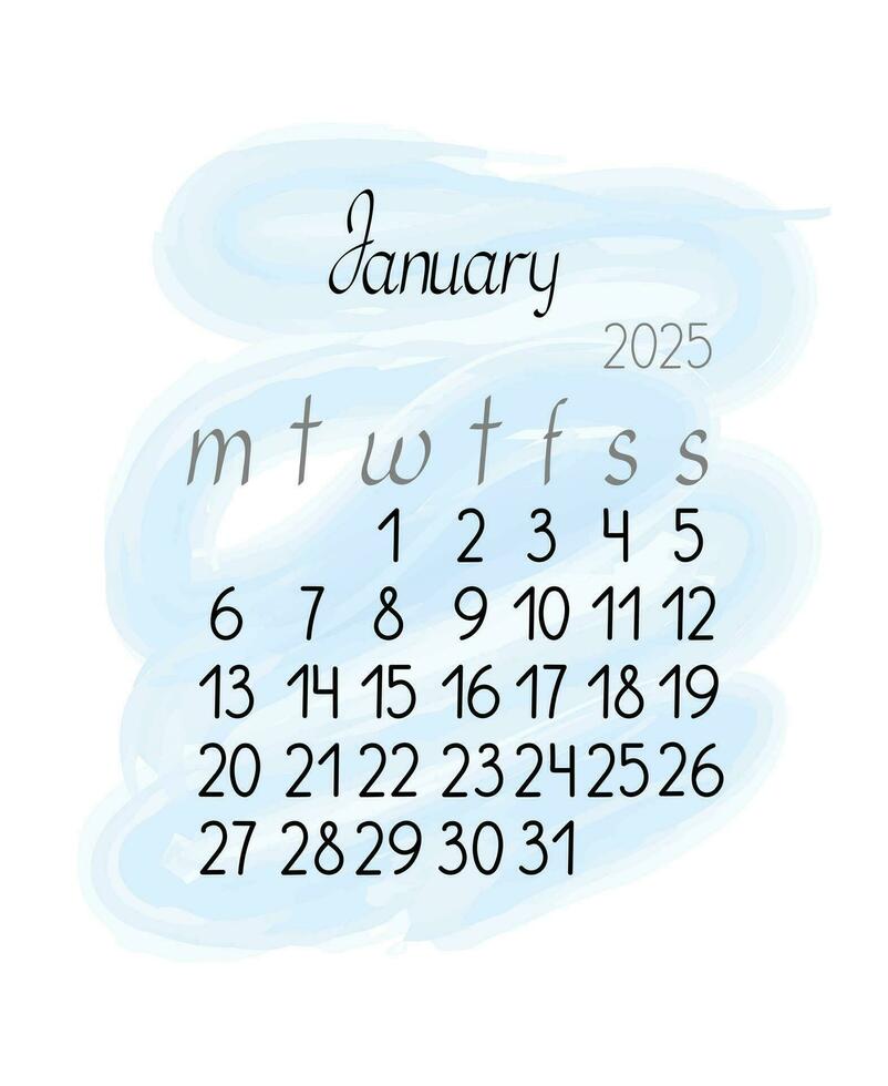 calendrier mensuel modèle pour janvier 2025 dans Facile minimaliste style verticale portrait orientation, abstrait coloré informe arrière-plan, la semaine départs sur lundi, vecteur imprimable page