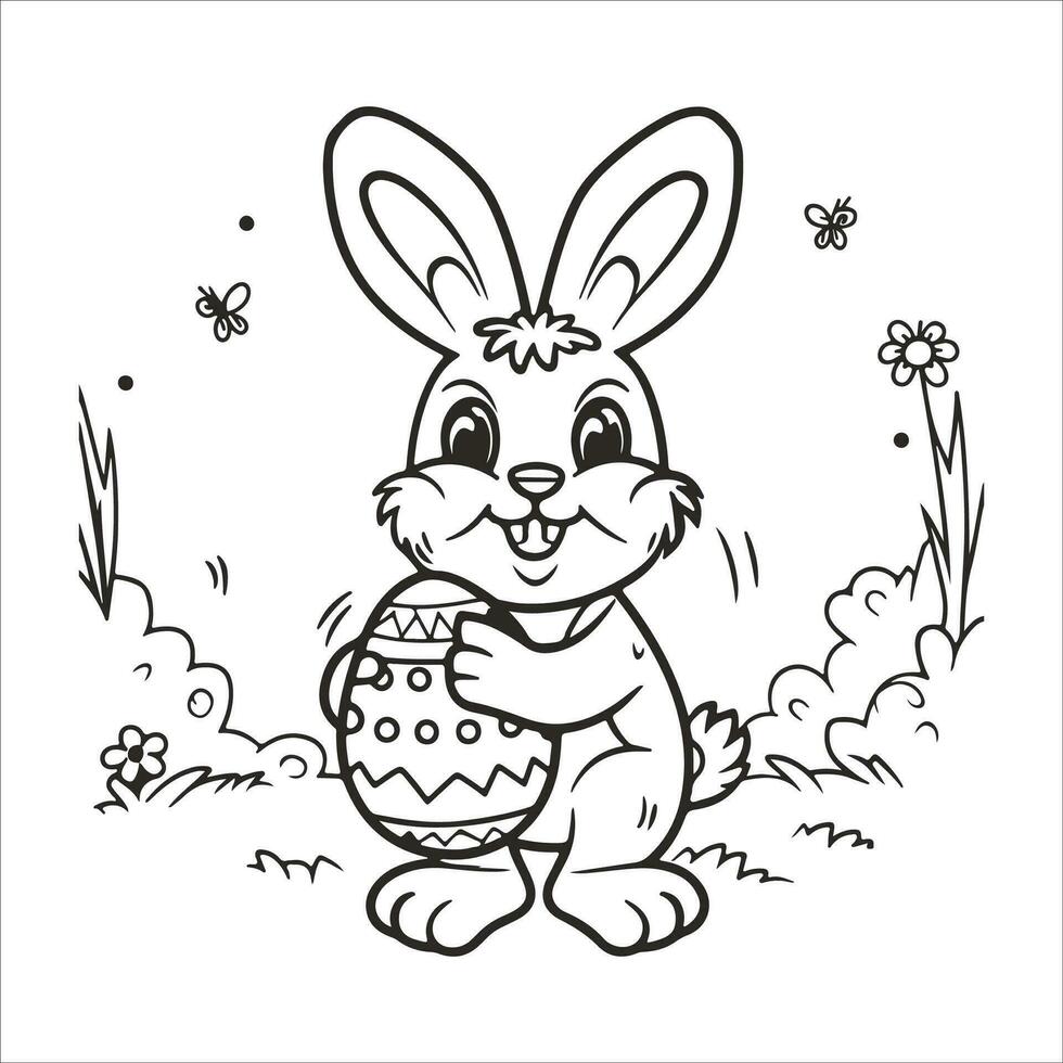 Pâques lapin avec un Pâques œuf. noir et blanc vecteur illustration pour coloration livre ligne art.