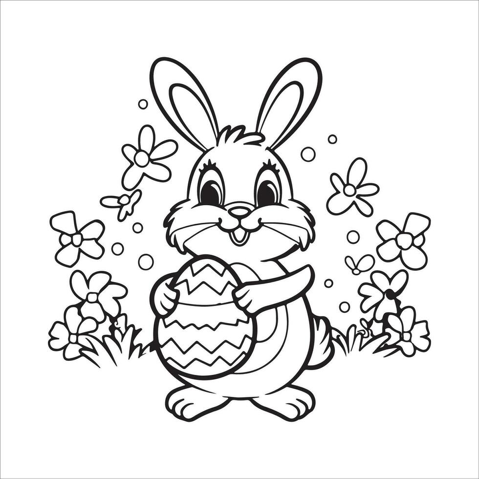 Pâques lapin avec un Pâques œuf. noir et blanc vecteur illustration pour coloration livre ligne art.