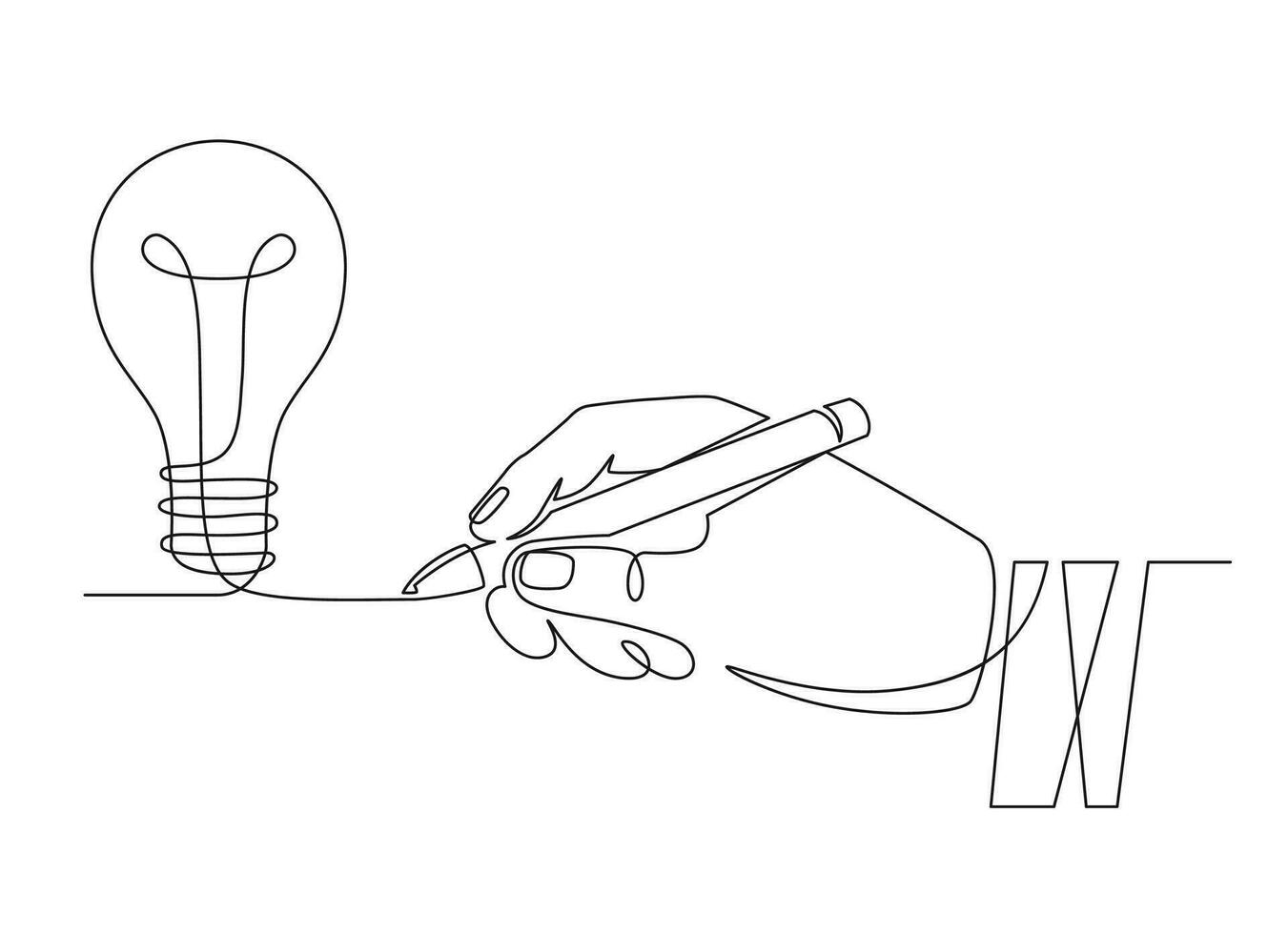 lumière ampoule idée. esquisser main avec stylo dessin un ligne ampoule, invention ou Créatif en pensant symbole. Nouveau projet, idée de génie vecteur concept