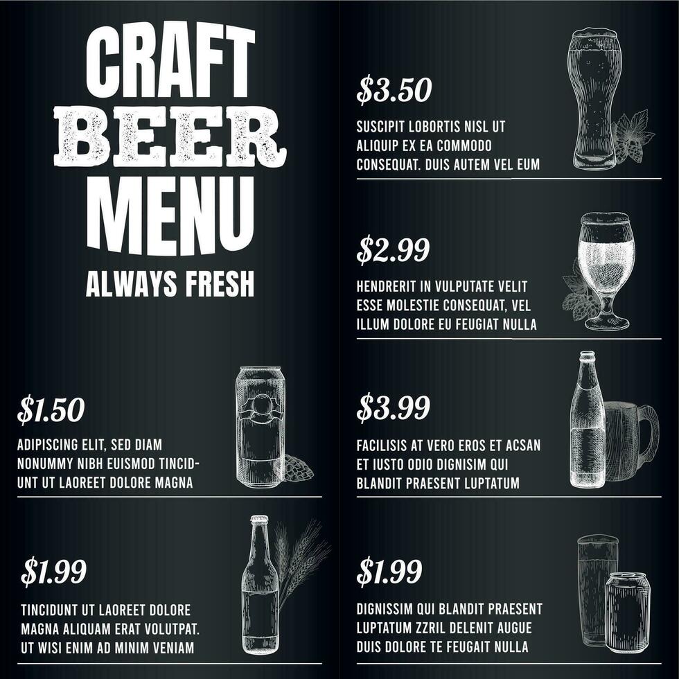 pub menu. Bière boisson menu pour restaurant ou café modèle conception. lunettes, des tasses et baril, bouteilles esquisser vecteur illustration