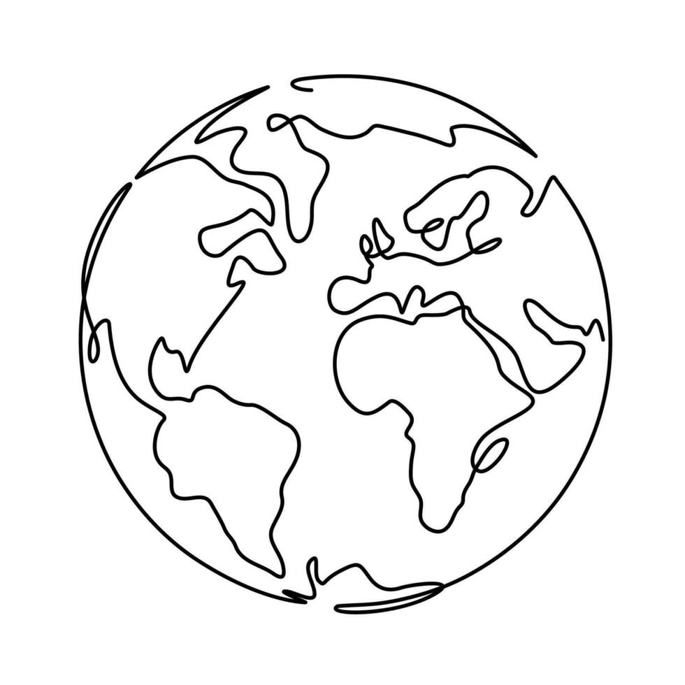 Terre. un ligne globe, monde planète graphique icône, Amérique, L'Europe  et Asie global technologie, Facile continu forme griffonnage vecteur concept