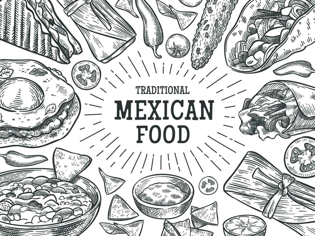 traditionnel mexicain aliments. esquisser nationale mexicain cuisine plats, menu modèle avec caractères pour vecteur restaurant brochure, prospectus.