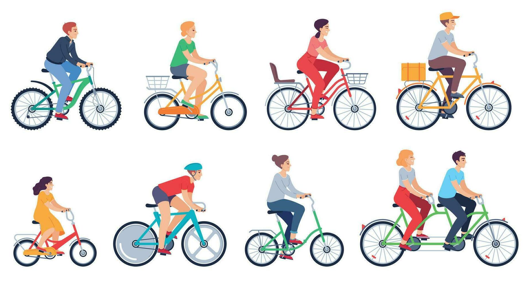 cyclisme personnes. femmes, Hommes balade vélos des sports Extérieur activité, copains équitation Vélos course sur ville rue coloré dessin animé vecteur ensemble