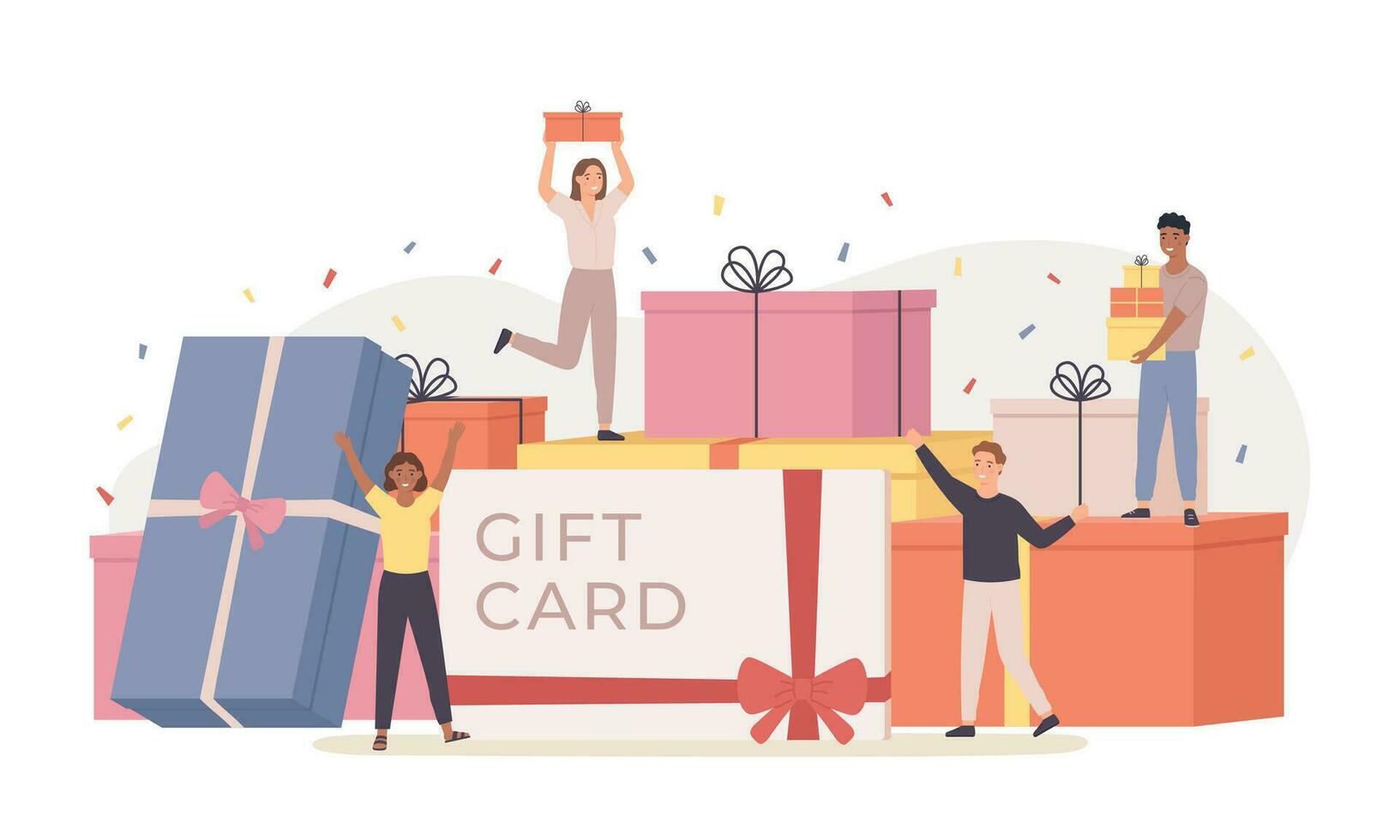 gens avec cadeau boîte. géant cadeau des boites et groupe content minuscule Hommes et femmes, cadeau carte, remise coupon. atterrissage page modèle vecteur concept