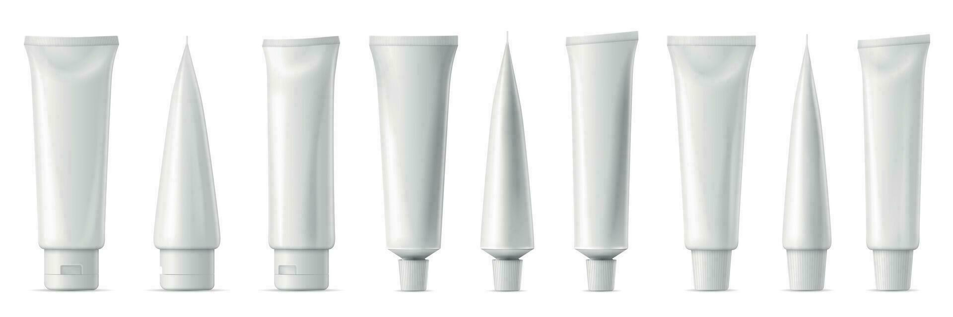 réaliste tube maquette. blanc Plastique tuba pour dentifrice, crème, gel et shampooing. Vide emballage de face et côté vue vecteur maquette