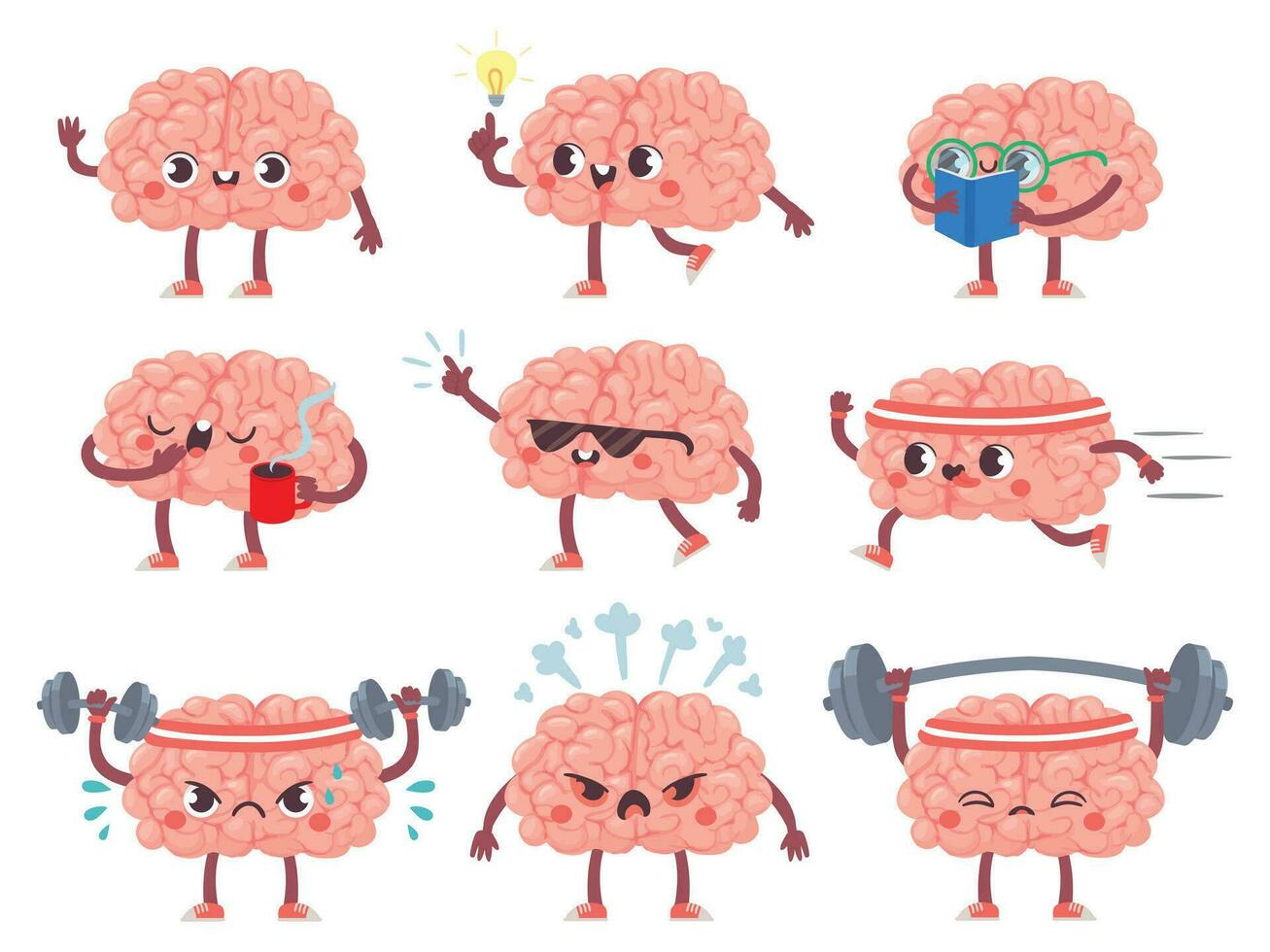 cerveau personnages. content cerveaux dans différent pose et émotions, mental exercer, éducation métaphore Créatif mascotte Icônes dessin animé vecteur ensemble