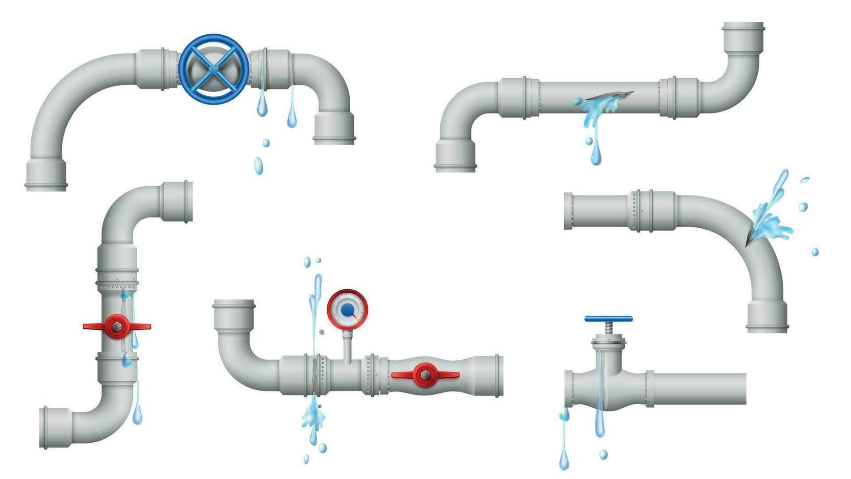 endommagé qui fuit tuyaux. l'eau tuyau fuites, cassé métal plomberie et fuite de tuyaux et les articulations vecteur illustration