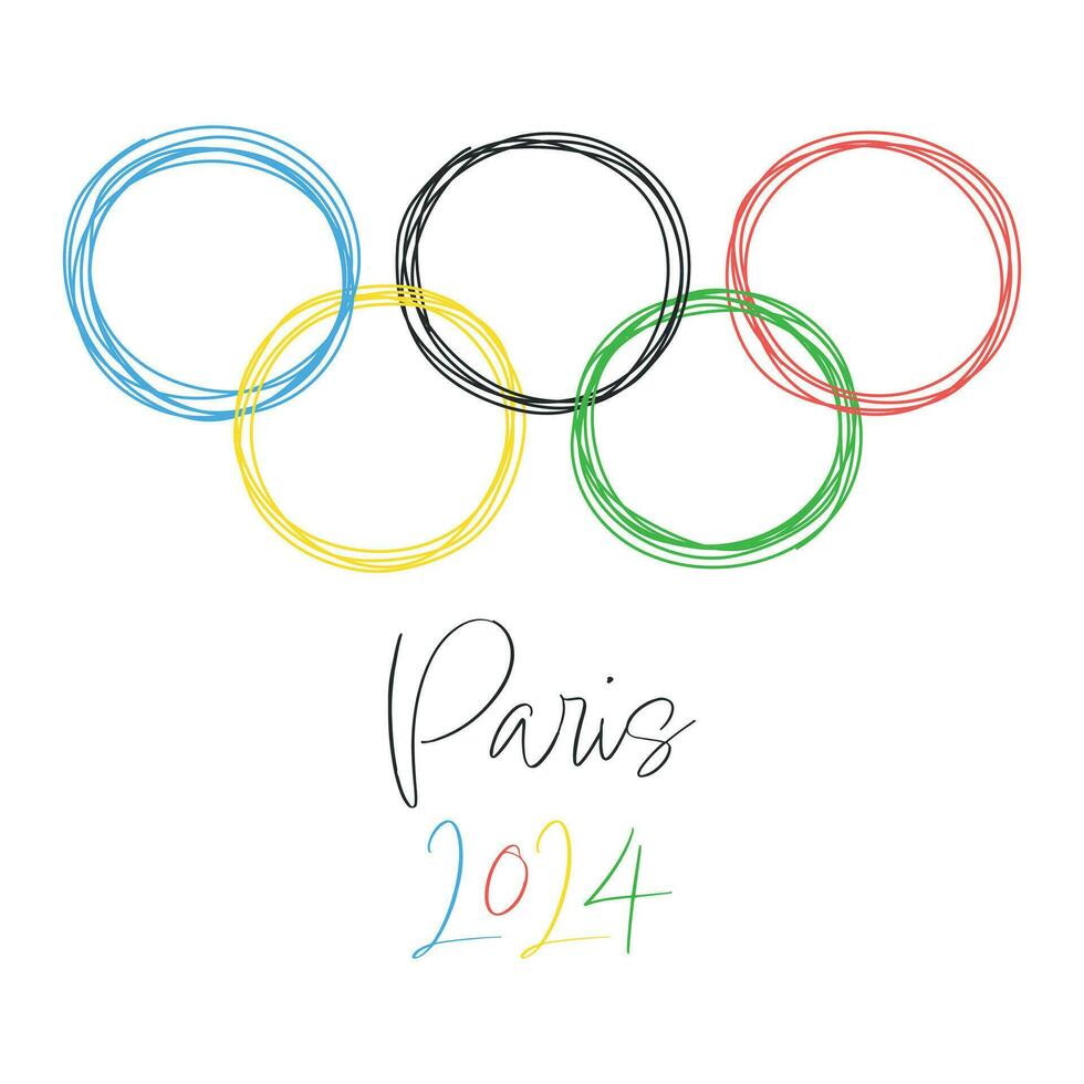 Jeux olympiques bague icône isolé sur blanc Contexte. été olympique Jeux. Paris 2024. main tiré griffonnage logo de Jeux olympiques représente le syndicat de le cinq continents. international vecteur