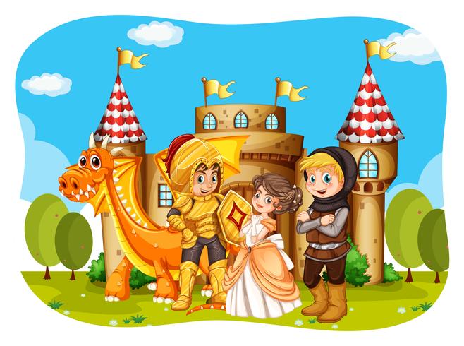 Princesse et chevaliers devant le château vecteur