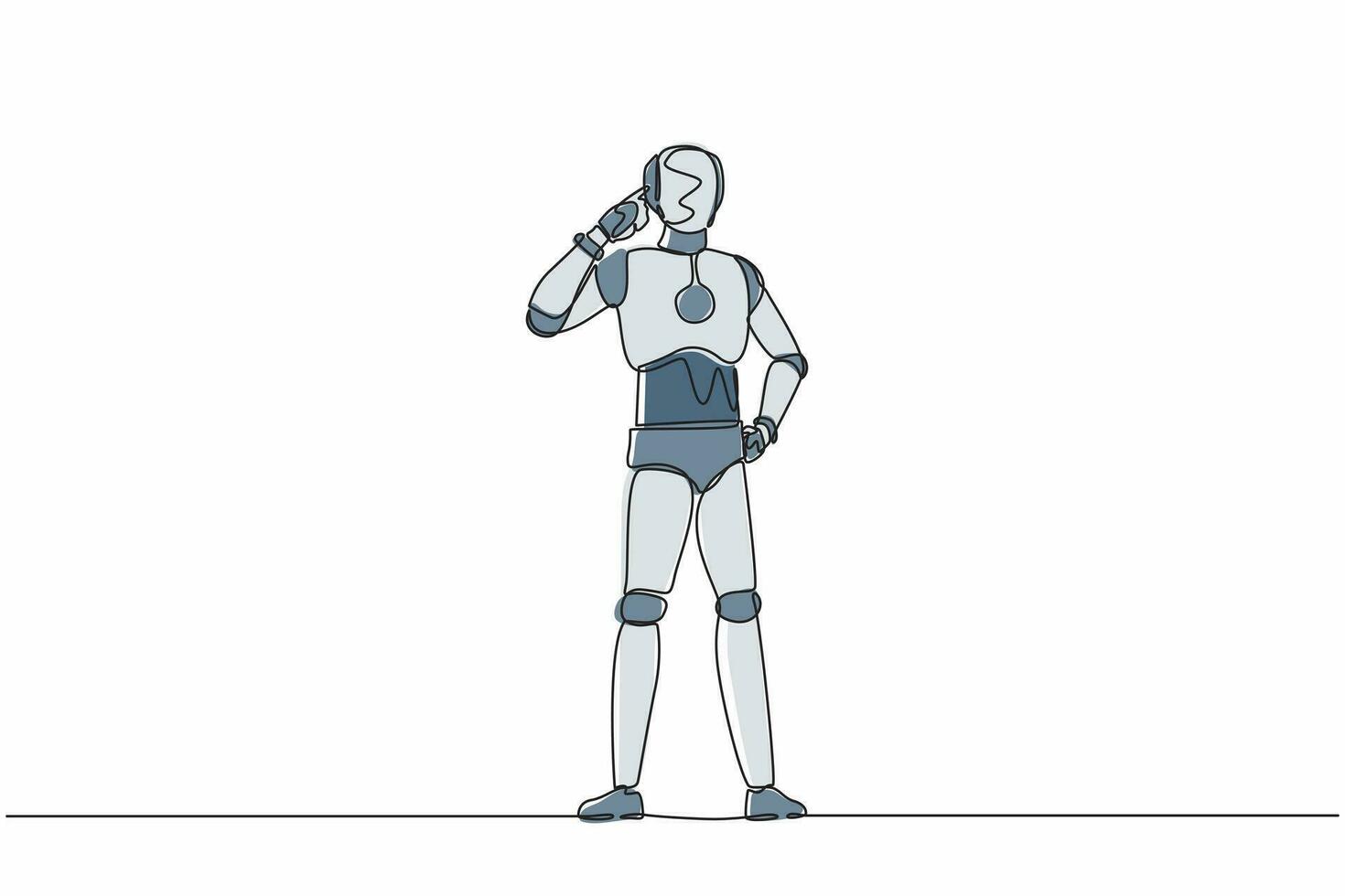 une ligne continue dessinant un robot intelligent pointant sa tête, pensant quelque chose. sentiment d'optimisme, visionnaire de l'avenir. organisme cybernétique robot humanoïde. illustration vectorielle de conception à une seule ligne vecteur