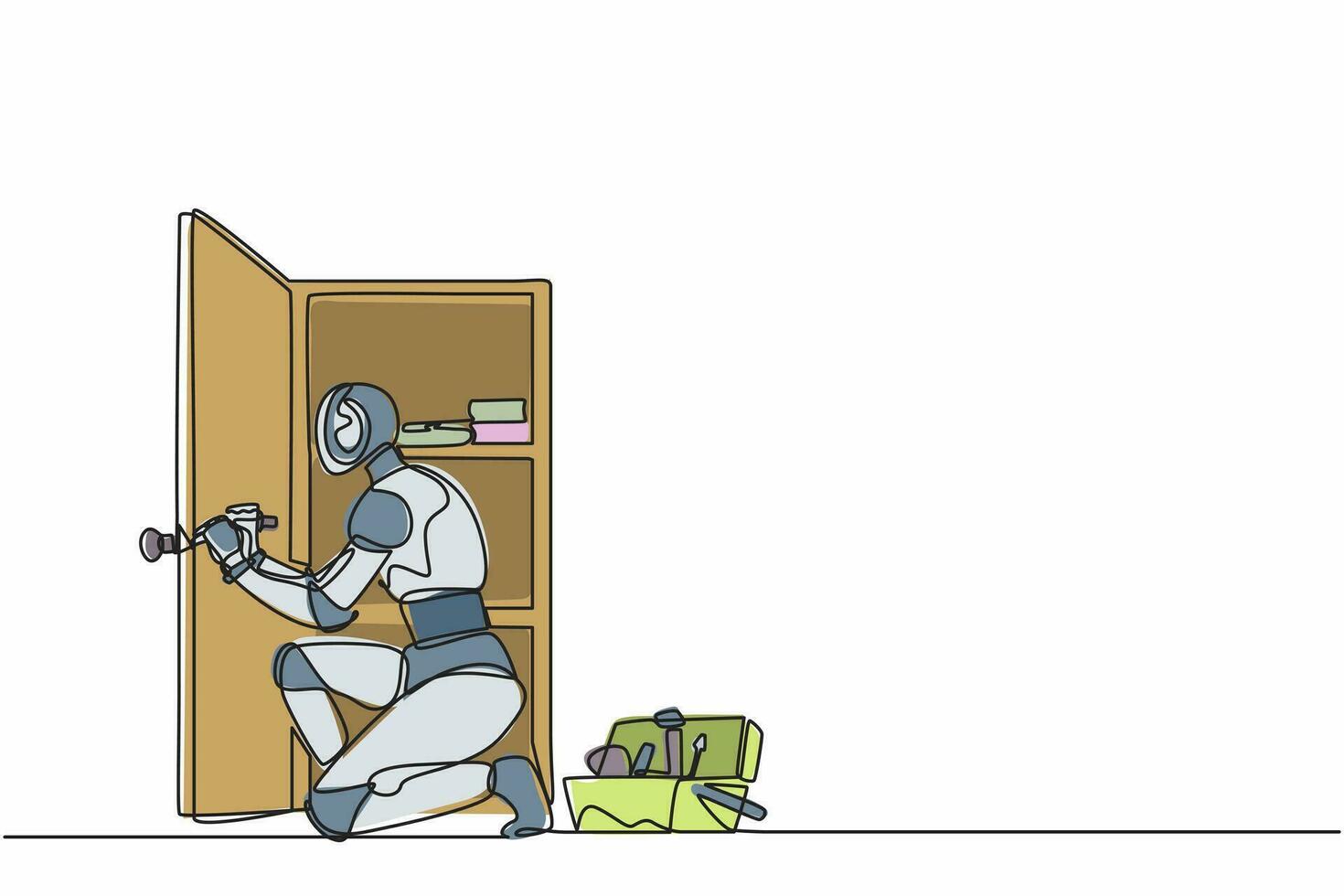 le charpentier robot à dessin continu d'une ligne assemble une armoire ou une armoire avec des étagères. organisme cybernétique robot humanoïde. futur robotique. illustration graphique vectorielle de conception de dessin à une seule ligne vecteur