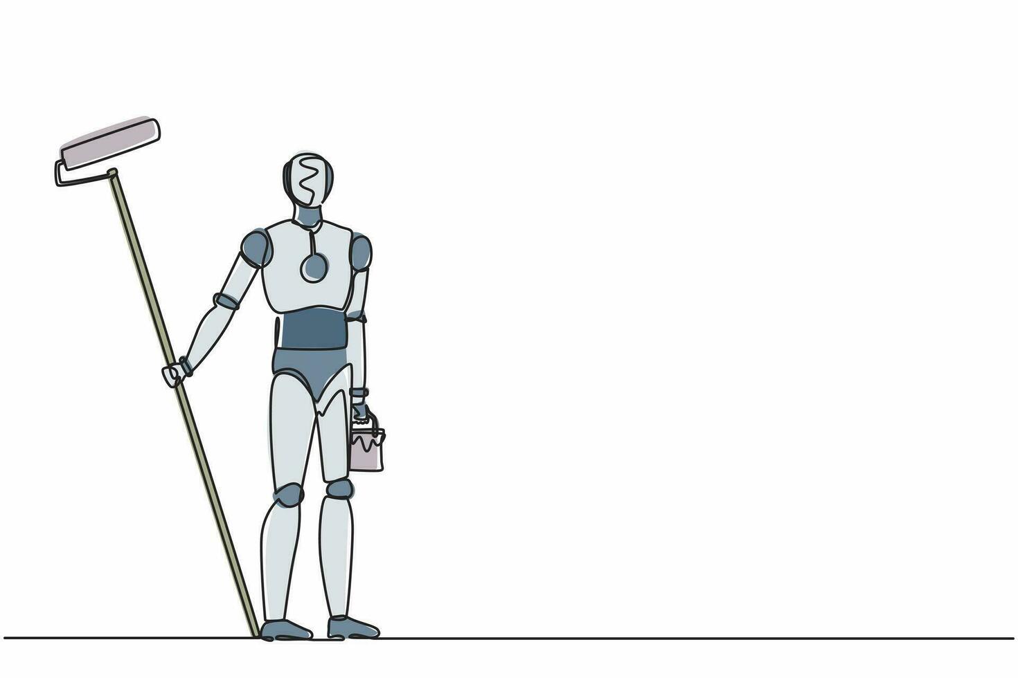 peintre robot dessinant une ligne continue avec seau de peinture et rouleau à peinture. organisme cybernétique robot humanoïde. développement futur de la robotique. illustration graphique vectorielle de conception de dessin à une seule ligne vecteur