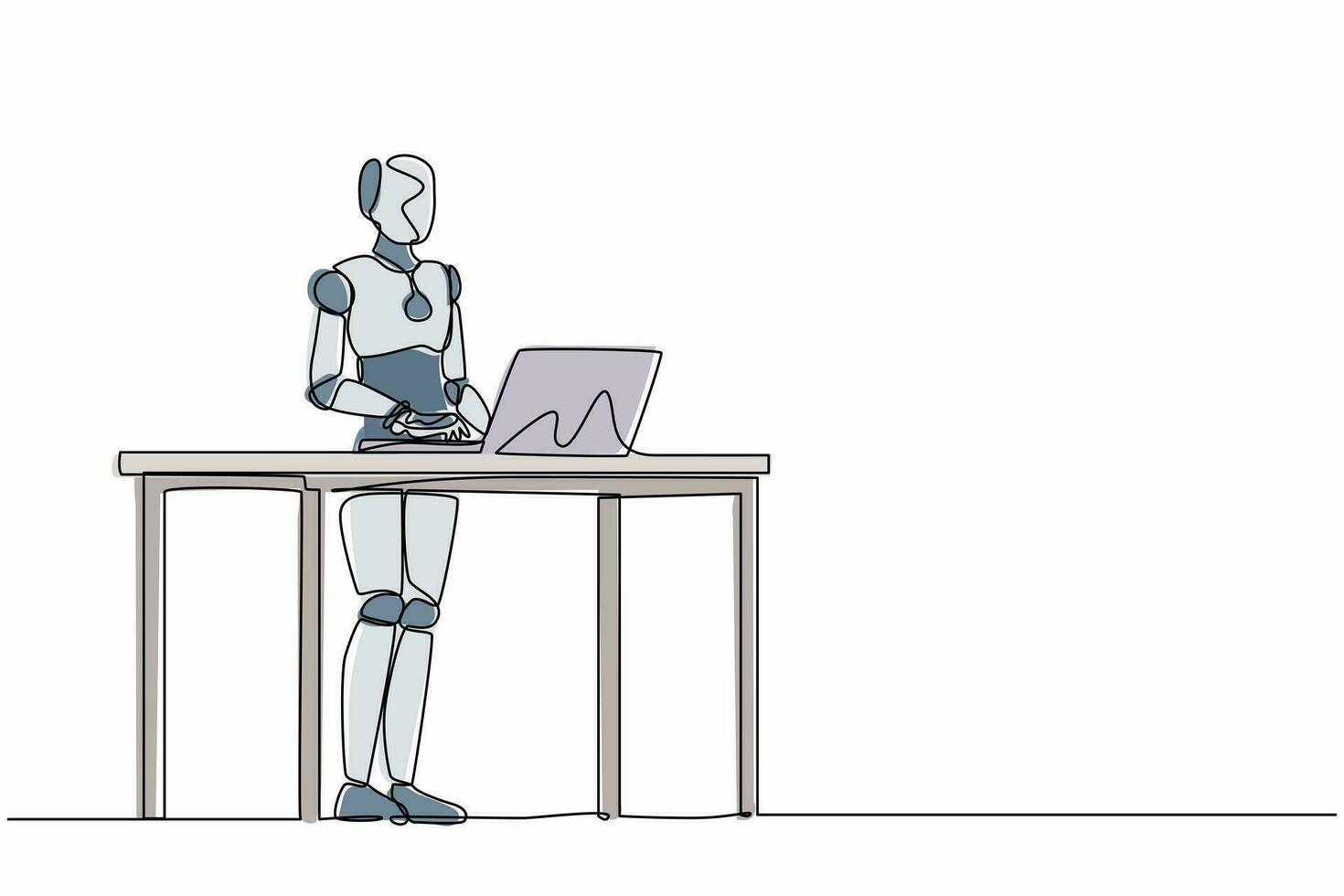 une seule ligne continue dessinant un robot intelligent debout et travaillant derrière le bureau. intelligence artificielle robotique moderne. industrie de la technologie électronique. une ligne dessiner illustration vectorielle de conception graphique vecteur
