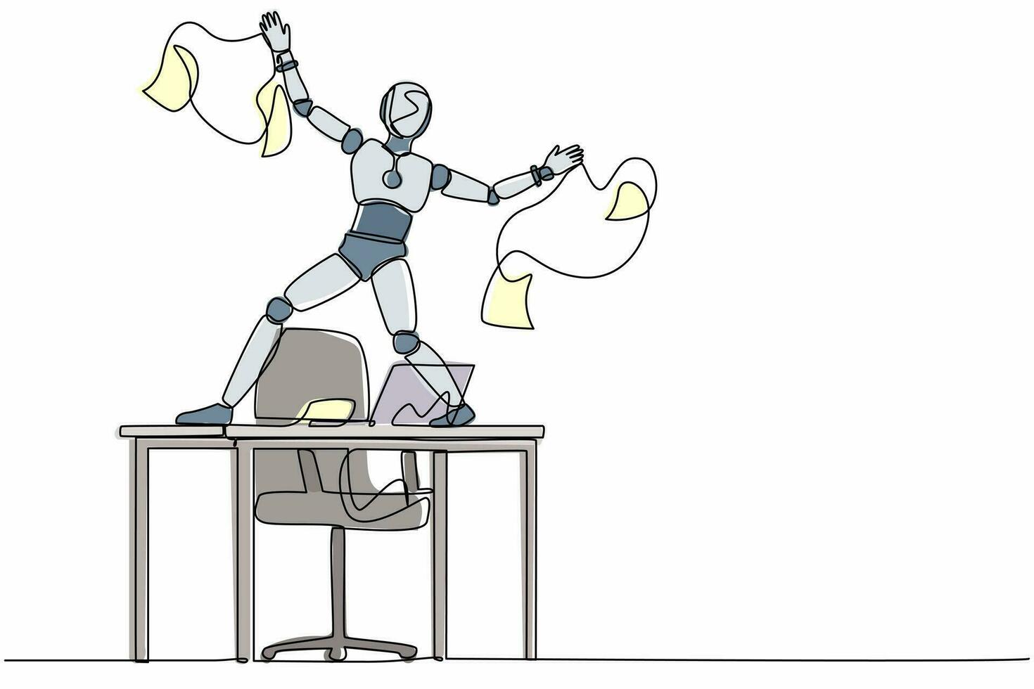 une seule ligne dessinant un robot heureux dansant sur le bureau célébrant la victoire en jetant des papiers. technologie future. apprentissage automatique par intelligence artificielle. ligne continue dessiner illustration vectorielle de conception vecteur
